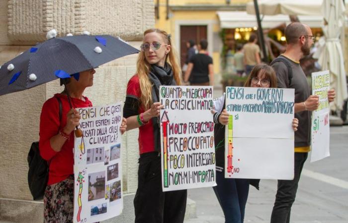 Plakate und Flugblätter: Die Prozession der Klimaaktivisten auf dem Platz in Udine