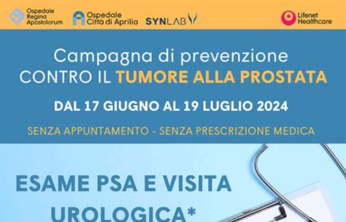 Die Kampagne zur Prävention von Prostatakrebs beginnt heute, am 17. Juni, im Krankenhaus Città di Aprilia und im Krankenhaus Regina Apostolorum in Albano Laziale