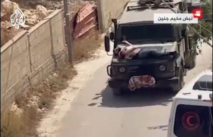 Krieg im Nahen Osten, schockierendes Video eines verwundeten Palästinensers, der wie ein menschlicher Schutzschild an die Motorhaube eines gepanzerten Fahrzeugs gefesselt ist – Naher Osten