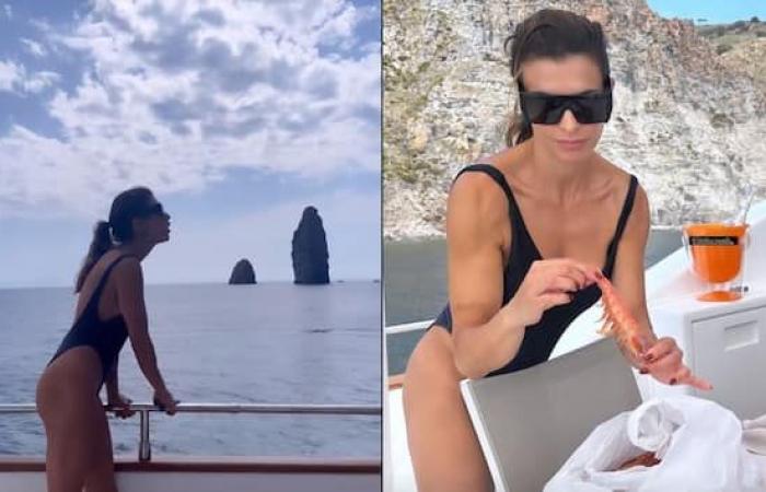 Elisabetta Canalis auf den Äolischen Inseln verhandelt den Preis für Garnelen vom Boot aus. Elodies Video