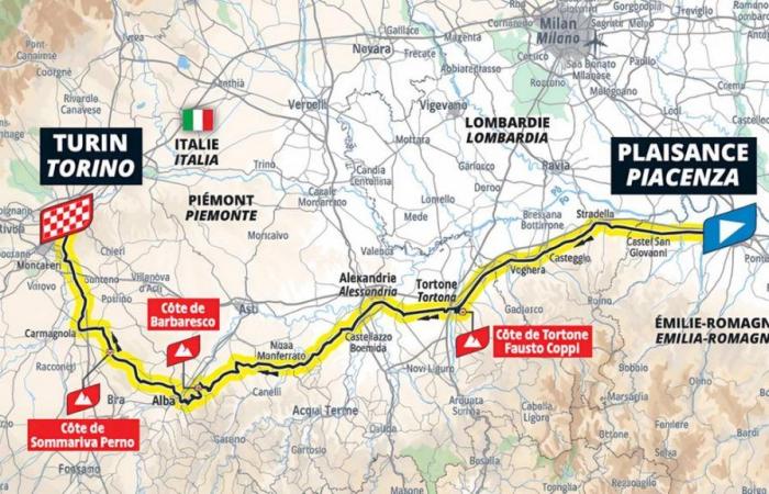 Die Schließung von Piacenza nach Turin. Die Tour führt durch drei Regionen. Die Hommage an Coppi in Tortona