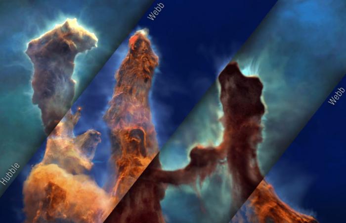 Eine atemberaubende 3D-Visualisierung der „Säulen der Schöpfung“, basierend auf Daten von Hubble und James Webb
