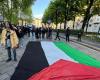 Spannung beim Fackelzug um den 25. April in Turin, Militante reißen ein Plakat mit dem Symbol der „Jüdischen Brigade“ und einer ukrainischen Flagge ab. Pro-Palästina-Banner dominieren